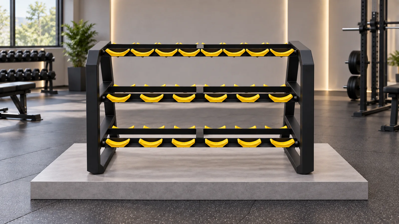 Трёхъярусная стойка для 10 пар гексагональных гантелей PannaCotta PC-STO-002 в интерьере